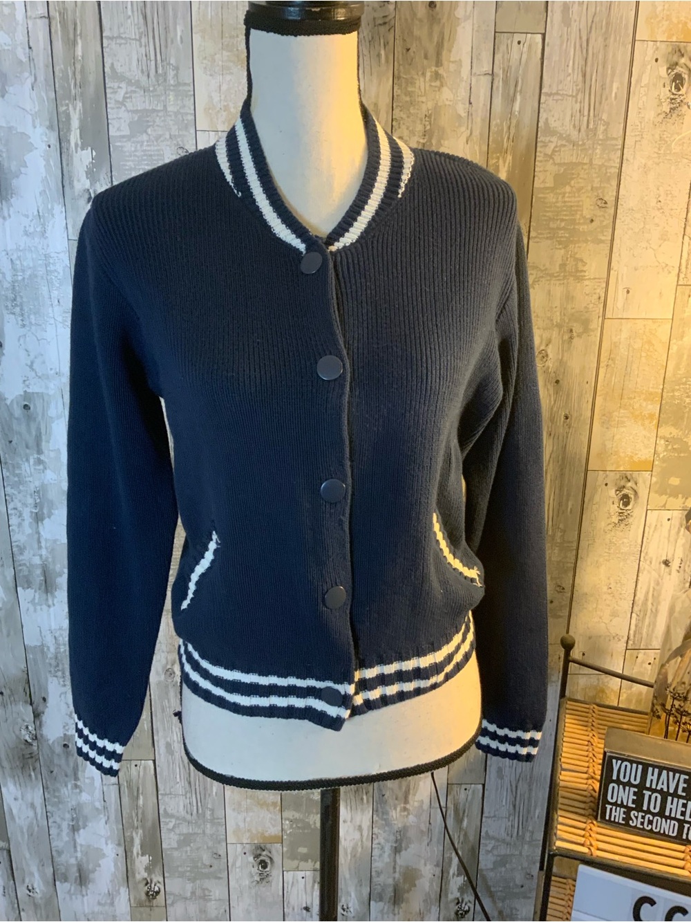 Navy Knit Bomber Cardigan with Contrast Trim